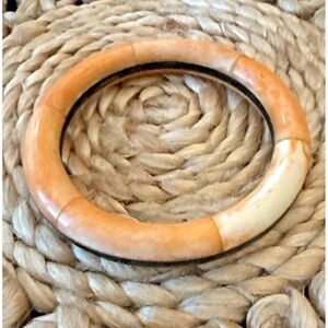 Vintage Orange Agate/Jadeite Style Bangle‎ Bracelet w/ Black Inlay Asian